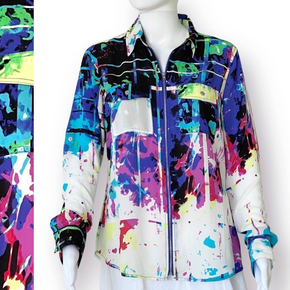 Tracy M Georgette Zipper Shirt Abstract Print Long Roll-Tab Sleeve Chest Pockets